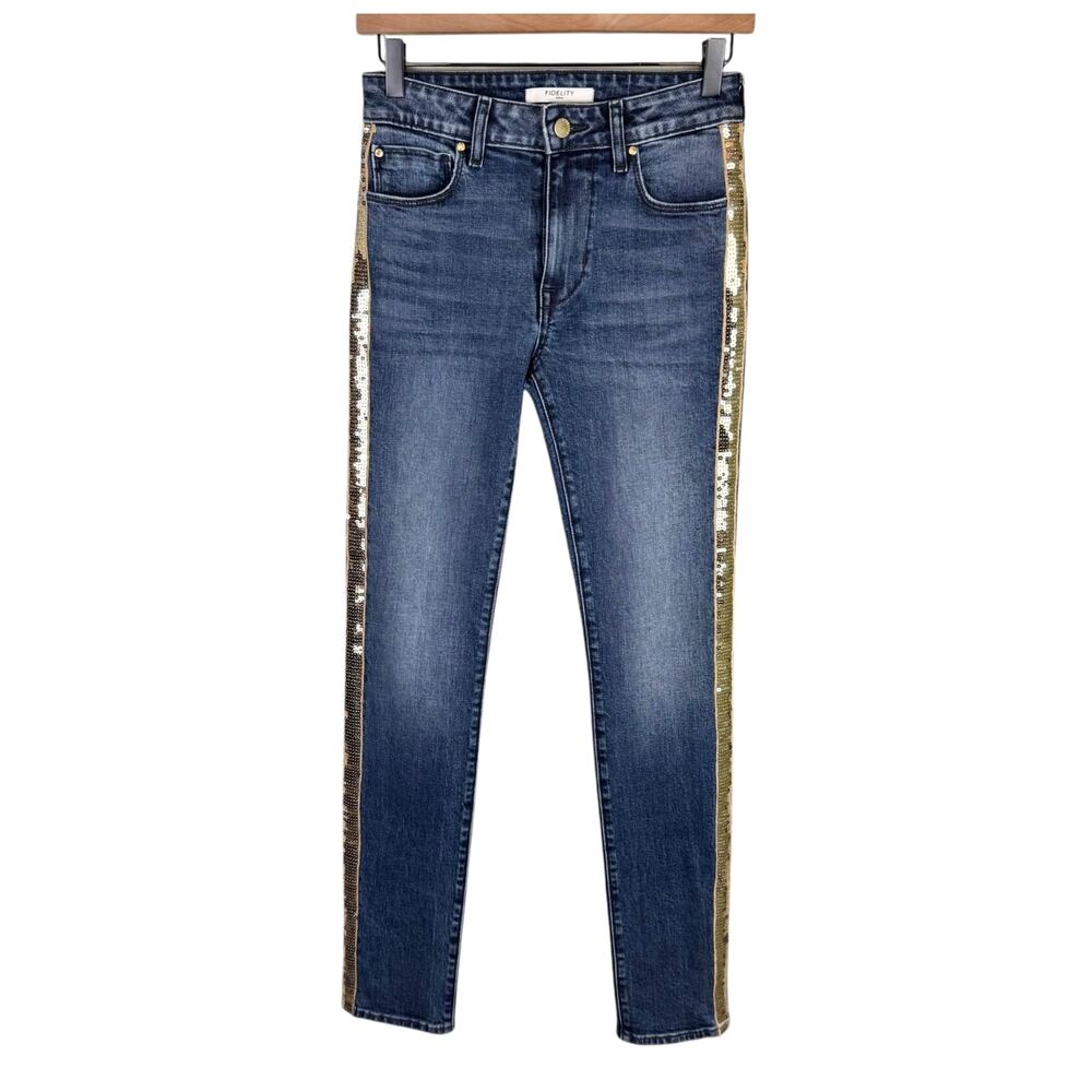 Fidelity Cher Melrose Wash Mid Rise Gold Sequin Side Stripe Slim Skinny Jeans